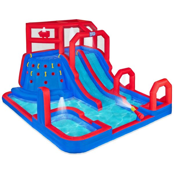 Parque Aquático Inflável até 204 kg com Parede de Escalada, 2 Escorregadores, Piscina Splash e Profunda, Sunny Fun, Azul e Vermelho
