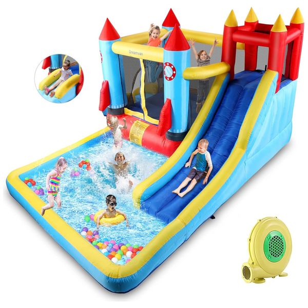 Parque Aquático Inflável com 2 Escorregadores, Parede de Escalada e Piscina de Bolinhas para Crianças Acima de 2 Anos, AKEYDIY, Colorido
