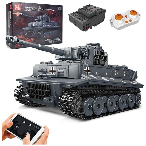 Kit de Construção Tanque Tiger 20014 com 800 Peças e Controle Remoto para Crianças e Adultos, Mould King, Cinza