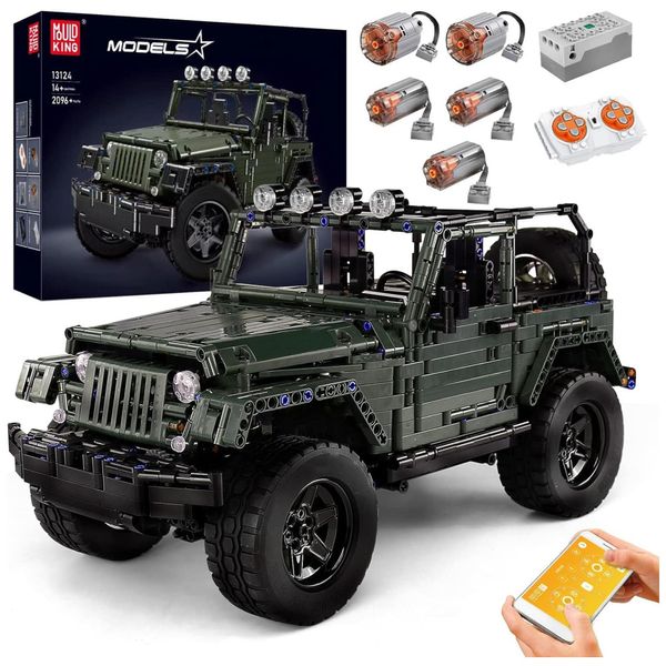 Kit de Construção Carro Pickup Wrange Off Road com 2096 Peças e Controle Remoto para Adultos, Mould King, Verde