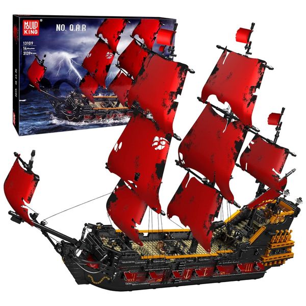 Kit de Construção Navio Pirata Vingança da Rainha Anna com 3139 Peças para Crianças e Adultos, Mould King, Vermelho