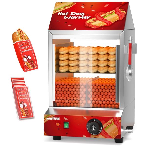 Vaporizador Elétrico para Cachorro Quente até 175 Salsichas e 40 Pães com Portas Deslizantes de Vidro e 2 Camadas, 110V 1200W, WantJoin, Vermelho
