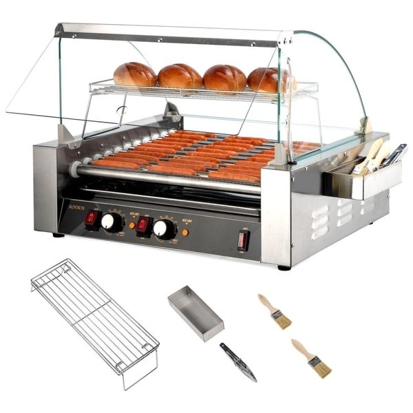 Máquina para Cachorro Quente 11 Rolos até 30 Salsichas com Luz LED, Controle de Temperatura Duplo e Bandeja de Gotejamento Removível, 110V 1650W,