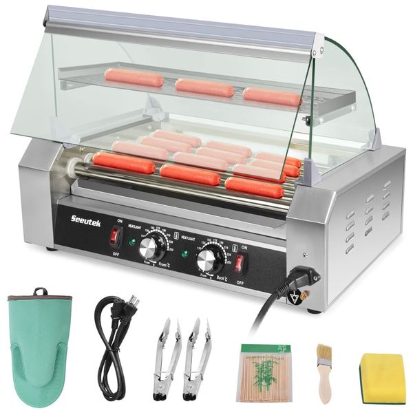 Máquina para Cachorro Quente com 7 Rolos até 24 Salsichas, Luz LED, Controle de Temperatura e Bandeja de Gotejamento Removível, 110V 1100W, Seeutek,