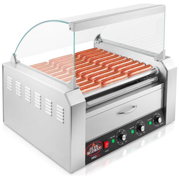 Máquina para Cachorro Quente 11 Rolos até 30 Salsichas com Gaveta de Aquecimento, 110V 1100W, OLDE MIDWAY, Prata