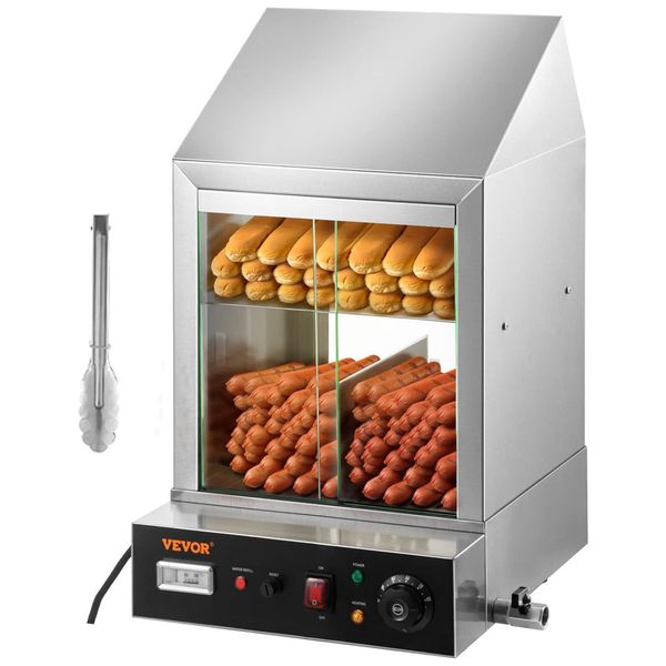 Máquina para Cachorro Quente Vaporizadora até 200 Salsichas e 42 Pães com Portas Deslizantes de Vidro e 2 Camadas, 110V 1200W, VEVOR, Prata