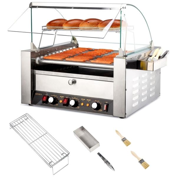 Máquina para Cachorro Quente 11 Rolos até 30 Salsichas com Luz LED, Controle de Temperatura Duplo e Bandeja de Gotejamento Removível, 110V 2000W,
