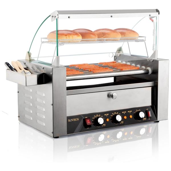 Máquina para Cachorro Quente 7 Rolos até 18 Salsichas com Luz LED, Controle de Temperatura Duplo e Aquecedor de Pão, 110V 1200W, ROVSUN, Prata