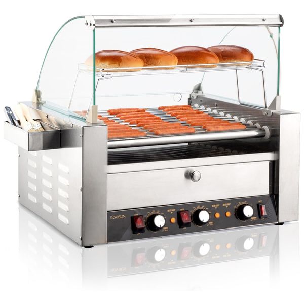 Máquina para Cachorro Quente 11 Rolos até 30 Salsichas com Luz LED, Controle de Temperatura Duplo e Aquecedor de Pão, 110V 2000W, ROVSUN, Prata