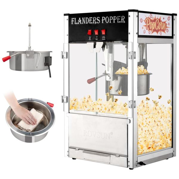 Pipoqueira Elétrica Faz até 18,4 kg de Pipoca com Panela de 340g, Colher de Aço Inoxidável, Colher de Óleo e 3 Copos de Pipoca, ROVSUN, Preta