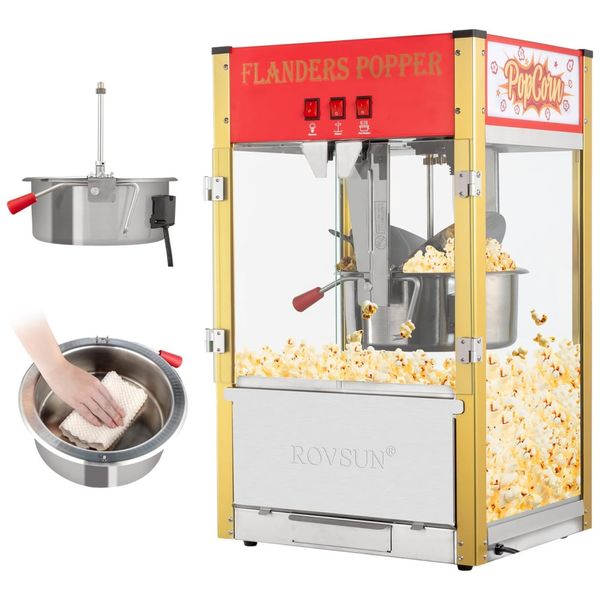 Pipoqueira Elétrica Faz até 25,3 kg de Pipoca com Panela de 450g, Colher de Aço Inoxidável, Colher de Óleo e 3 Copos de Pipoca, 110V, ROVSUN, Vermelha