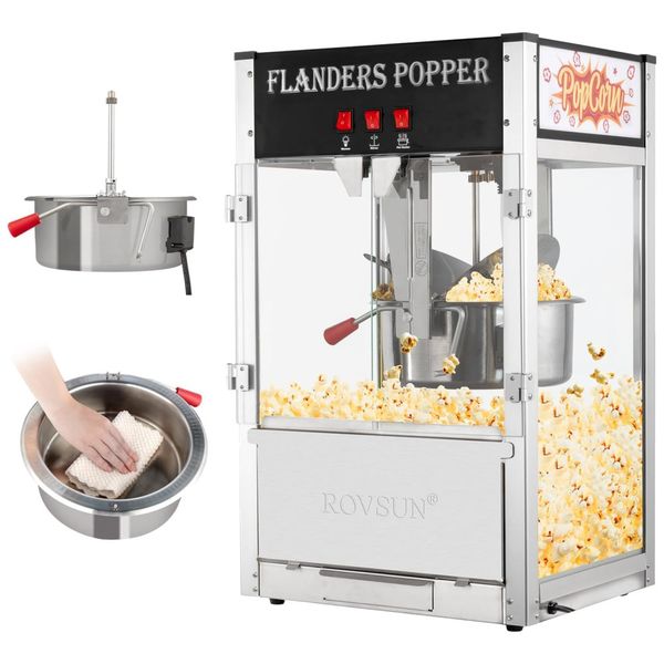 Pipoqueira Elétrica Faz até 25,3 kg de Pipoca com Panela de 450g, Colher de Aço Inoxidável, Colher de Óleo e 3 Copos de Pipoca, 110V, ROVSUN, Preta