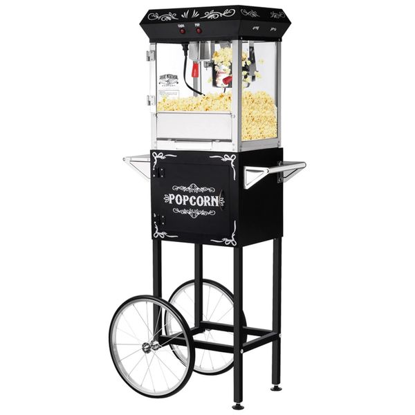 Carrinho de Pipoca Retro com Panela de 170g e Produz até 7,1 kg de Pipoca, Bandeja de Aquecimento e Colher, 110V 640W, OLDE MIDWAY, Preta