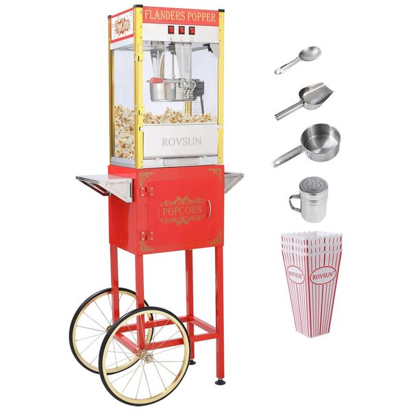 Carrinho de Pipoca Retrô com Panela de 226g, Produz até 7,2 kg de Pipoca, Colher de Pipoca, Colher de Óleo e 3 Copos de Pipoca, 110V 850W, Bonnlo,