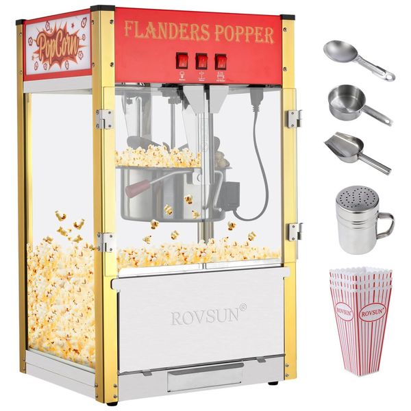 Pipoqueira Elétrica Faz até 18,4 kg de Pipoca com Panela de 340g, Colher de Aço Inoxidável, Colher de Óleo e 3 Copos de Pipoca, 110V 1400W, ROVSUN,