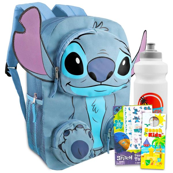 Mochila Escolar Infantil Stitch 5L com Bolsos Frontais, Garrafa de Água e Figurinhas para Crianças, Lilo and Stitch, Azul