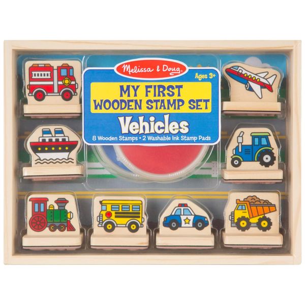 Kit de Carimbos Infantil de Madeira, Tema Veículos com 8 Peças para Crianças Acima de 3 Anos, Melissa & Doug