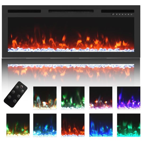Lareira Elétrica de Embutir A35x91L cm com Baixo Ruído, 11 Opções de Chamas, Controle Remoto e Digital, 110V 1500W, MONDAWE, Preta