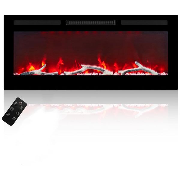 Lareira Elétrica de Embutir A45x106L cm com Controle Remoto, Baixo Ruído e 6 Opções de Chamas, 110V 1500W, MONDAWE, Preta