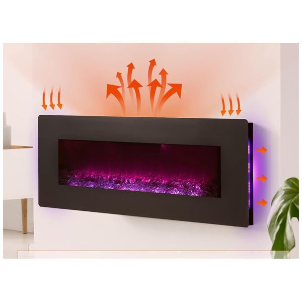 Lareira Elétrica de Embutir A50x127L cm com Controle Remoto, 10 Cores de Chamas e Luz de Fundo, 110V 1500W, YODOLLA, Preta