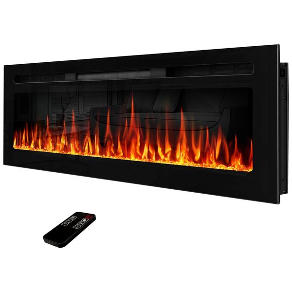 Lareira Elétrica de Embutir Espelhada A44x152L cm com Controle Remoto, Chamas Multicoloridas e Temporizador, 110V 1500W, Upesitom, Preta