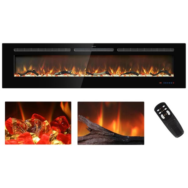 Lareira Elétrica de Embutir A44x187L cm com Controle de Temperatura, Chamas Multicoloridas, Temporizador e Controle Remoto, 110V 1500W, Kentsky,