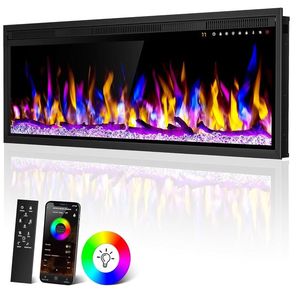 Lareira Elétrica de Embutir A40x106L cm com Controle Remoto, 13 Cores de Chamas, 5 Brilhos e Compatível Alexa, 110V 1500W, Alpaca, Preta