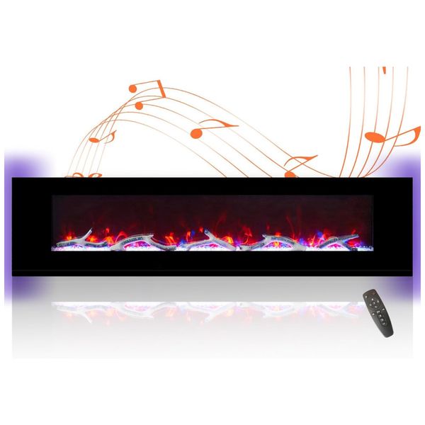 Lareira Elétrica de Embutir A45x182L cm com Alto-Falantes via Bluetooth, 8 Opções de Chamas, Controle Remoto e Digital, 110V 1500W, MONDAWE, Preta