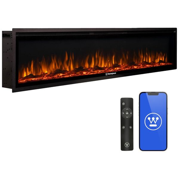 Lareira Elétrica de Embutir A34x127L cm com Chamas Multicoloridas, Temporizador e Controle Remoto, 110V 1500W, Westinghouse, Preta