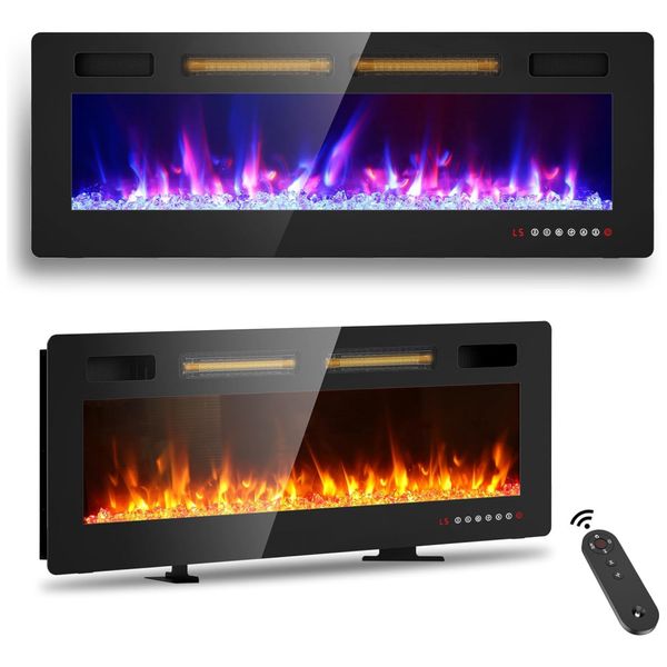 Lareira Elétrica de Embutir A45x127L cm com Temporizador, Controle Remoto e Digital, 110V 1500W, BREEZEHEAT, Preta