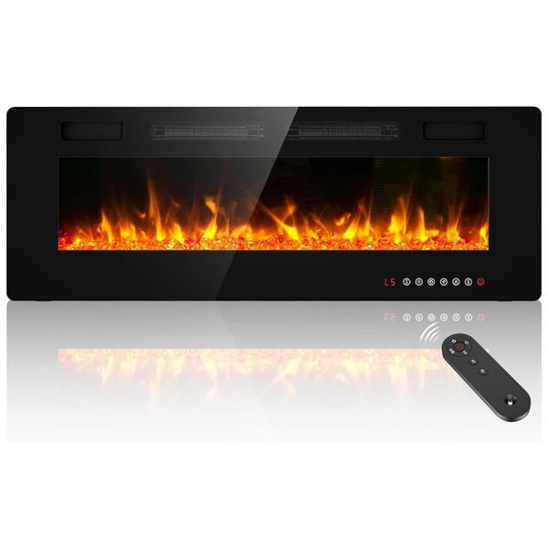 Lareira Elétrica de Embutir Ultrafina A45x127L cm com Temporizador, Controle Remoto e Digital, 110V 1500W, BREEZEHEAT, Preta