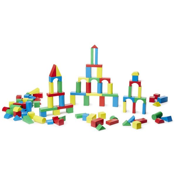 Kit Blocos de Construção em Madeira com 200 Peças de 4 Cores e 9 Formatos para Crianças Acima de 3 Anos, Melissa & Doug