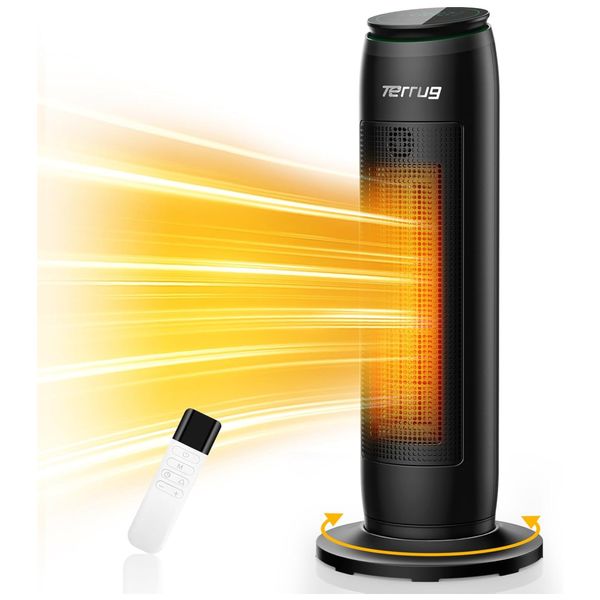 Aquecedor Elétrico de Cerâmica com Termostato ECO, Oscilação 70 °, Proteção Contra Tombamento e Temporizador 24H, 110V 1500W, Terrug, Preto