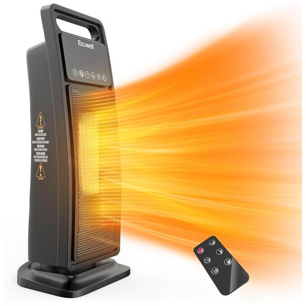 Aquecedor Elétrico de Cerâmica com Controle Remoto, Proteção Contra Tombamento, Modo Eco e Modo Ventilador, 110V 1500W, ECOWELL, Preto