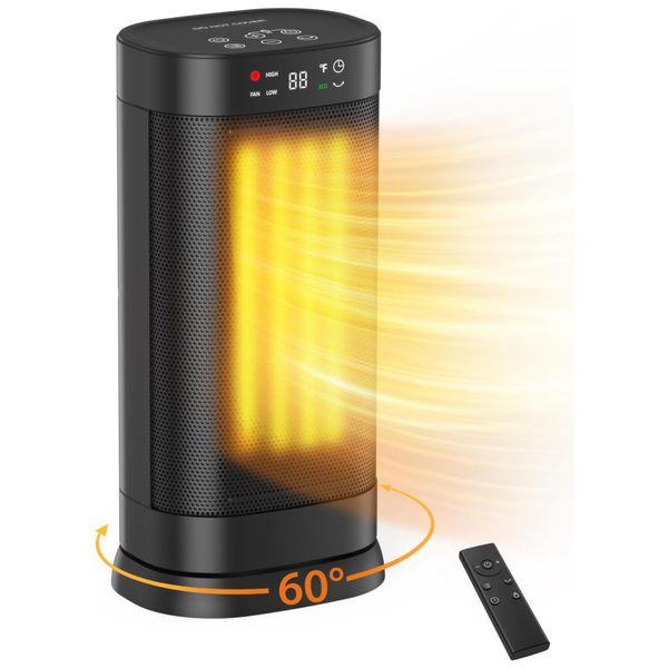Aquecedor Elétrico Portátil com Controle Remoto, Display Digital, Temporizador 24H  e Proteção de Segurança, 110V 1500W, Pereysi, Preto