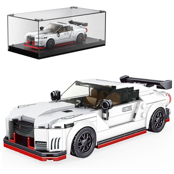 Kit de Construção Carro Nissan GTR NISMO com 356 Peças e Vitrine de Acrílico para Crianças Acima de 8 Anos, Mold King, Branco