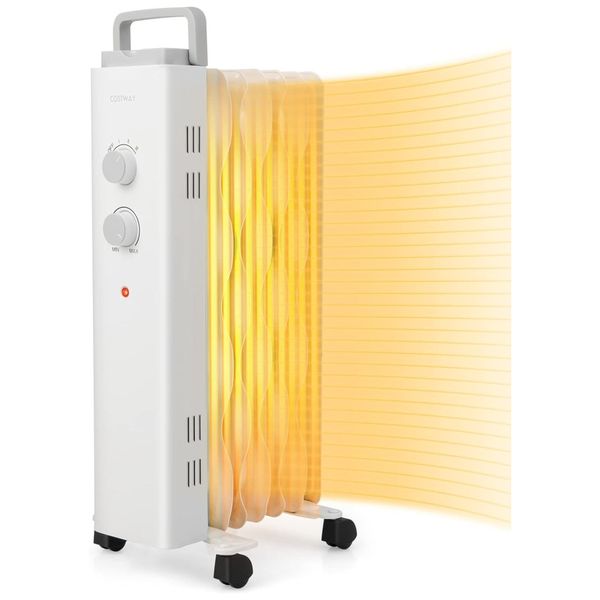 Aquecedor a Óleo com Rodas Universais e 3 Níveis de Calor, 110V 1500W, COSTWAY, Branco