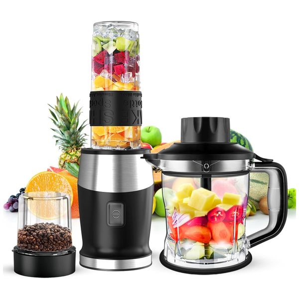 Liquidificador e Processador de Alimentos 2 em 1 com 4 Lâminas Afiadas de Aço Inoxidável, 110V 700W, Goelunmy, Preto