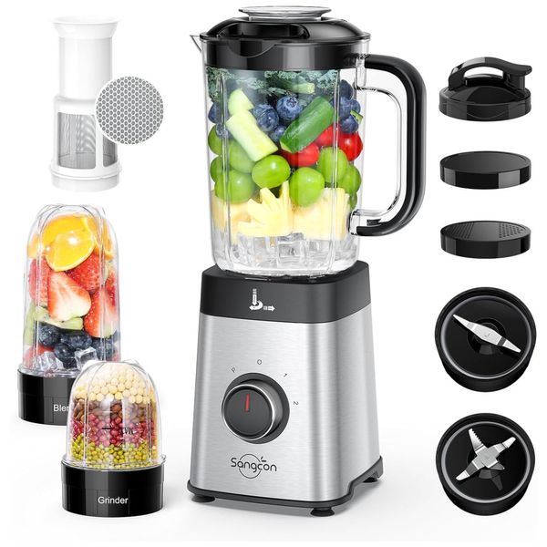 Liquidificador e Processador de Alimentos 1,1L com 3 Recipientes e 2 Acessórios de Lâmina, 110V 350W, Sangcon, Cinza