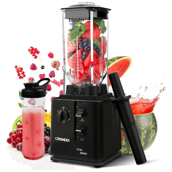 Liquidificador Profissional de Alta Velocidade 2,3L com Desligamento Automático e Copo Portátil de 600mL, 110V 1800W, CRANDDI, Preto