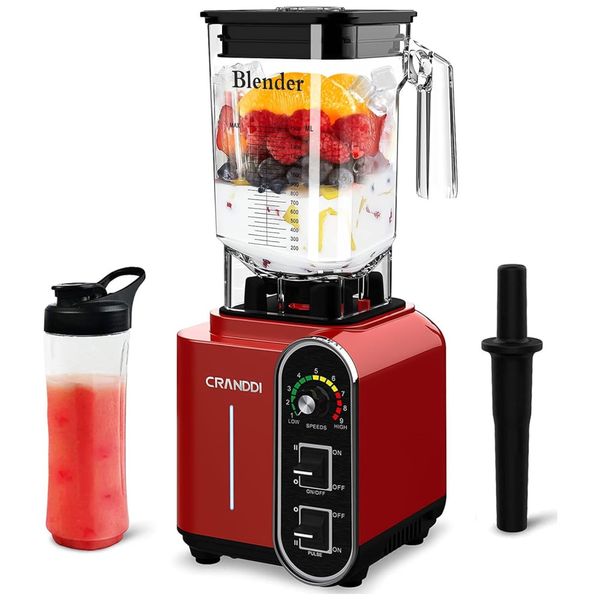 Liquidificador Profissional de Alta Velocidade 2,3L com Desligamento Automático e Copo Portátil de 600mL, 110V 1800W, CRANDDI, Vermelho