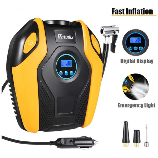 Compressor de Ar Portátil de Pneu Manômetros Digital 12V 150PSI y LCD Luz LED Caminhões Motocicleta Bicicleta Barco, NATUDIX, Amarelo