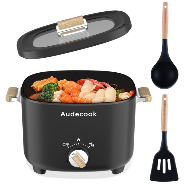 Panela Elétrica Antiaderente Portátil 2,5L com Controle de Temperatura Ideal para Viagem e Pequenas Porções, 110V 800W, Audecook, Preta