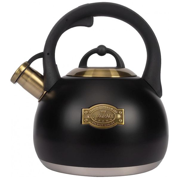 Chaleira de Chá 3 Litros em Aço Inoxidável com Apito e Alça Ergonómica, LUXGRACE, Preta
