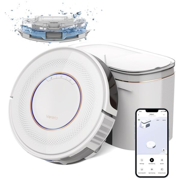 Aspirador Robô com Auto Esvaziamento, Autonomia da Bateria 150 Minutos, Sucção de 3200Pa e Compatível com Alexa, 110V, Verefa V60M Pro, Branco