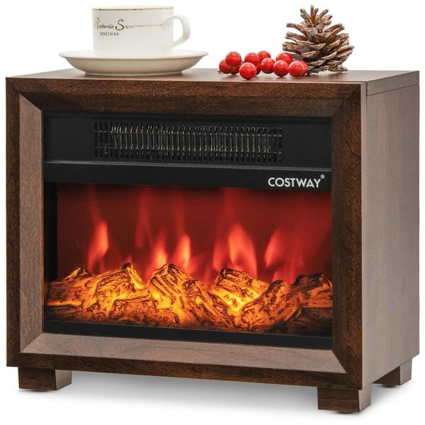 Mini Lareira Elétrica Portátil com Efeito de Chamas Realistas, Aquece e Decora, 110V 750W, Costway, Marrom
