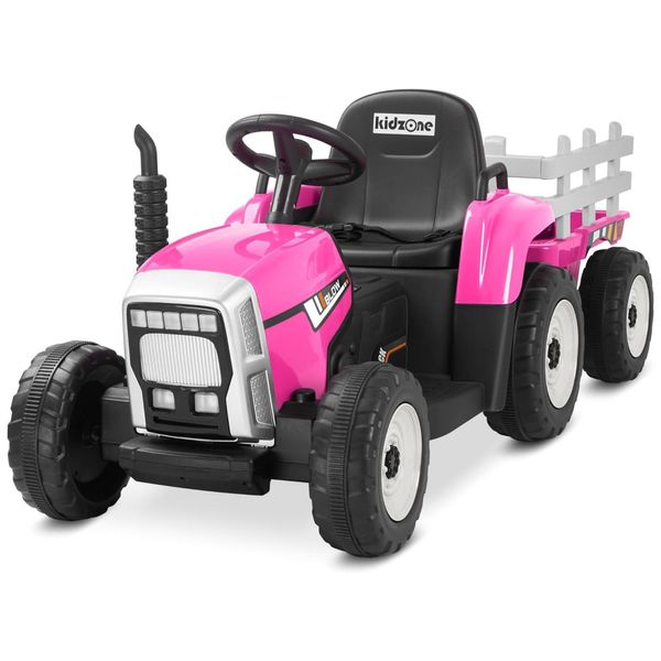 Trator Elétrico Infantil com Controle Remoto, Luzes de LED, 3 Marchas e MP3 para Crianças Acima de 3 Anos, 12V, Kidzone, Rosa