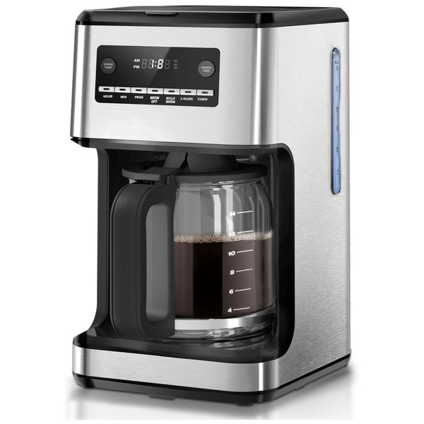 Cafeteira Programável de 14 xícaras com Filtro Reutilizável, Placa Quente para Manter, Temporizador e Autolimpante, 110V 800W, Kismile, Prata