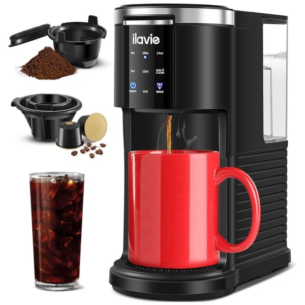 Cafeteira de Dose Única para Café Moído ou Capsula com Reservatório Removível de 1,1L e Função de Autolimpeza, 110V 1000W,  ILAVIE, Preta