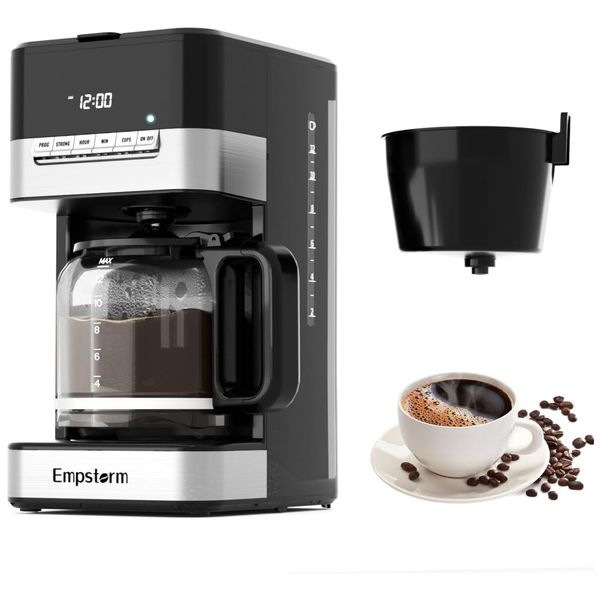 Máquina de Café Programável 12 xícaras com Jarra de Vidro, Desligamento Automático e Sistema Anti-Gotejamento, 110V 1000W, Empstorm, Preta e Prata